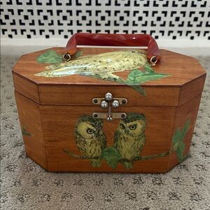 Vintage 1960’s Wood Raised Decoupage Annie Laurie Originals Octagon Owl Purse